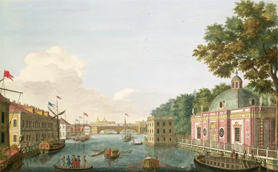 Vue de la rivière Fontanka depuis la grotte et le Palais des Invités, gravé par Grigory Anikievich Kachalov (1711-1759), 1753